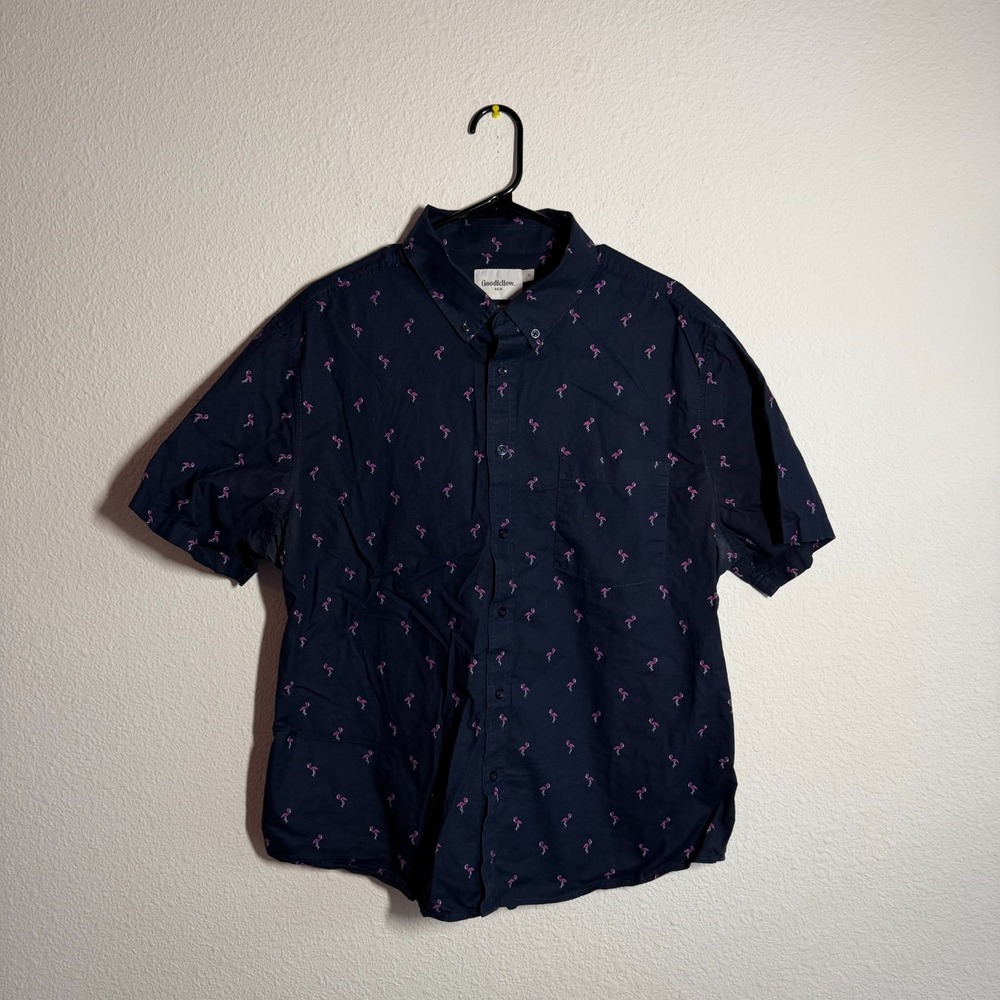 Goodfellow & Co Shirt Mens XL Navy‎ Blue Flamingo Print Short Sleeve Button Down
